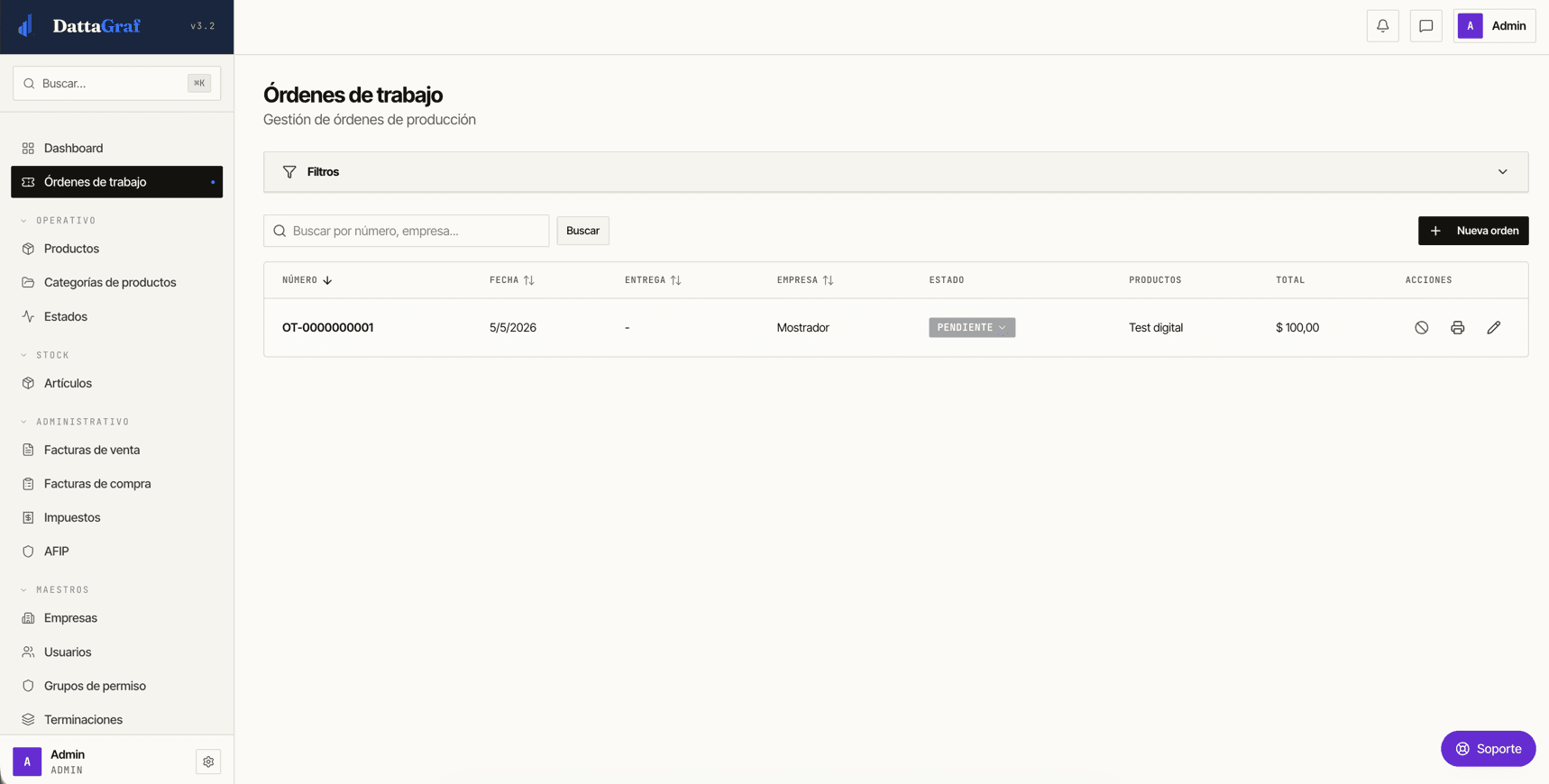 Listado de órdenes de trabajo con filtros y estados